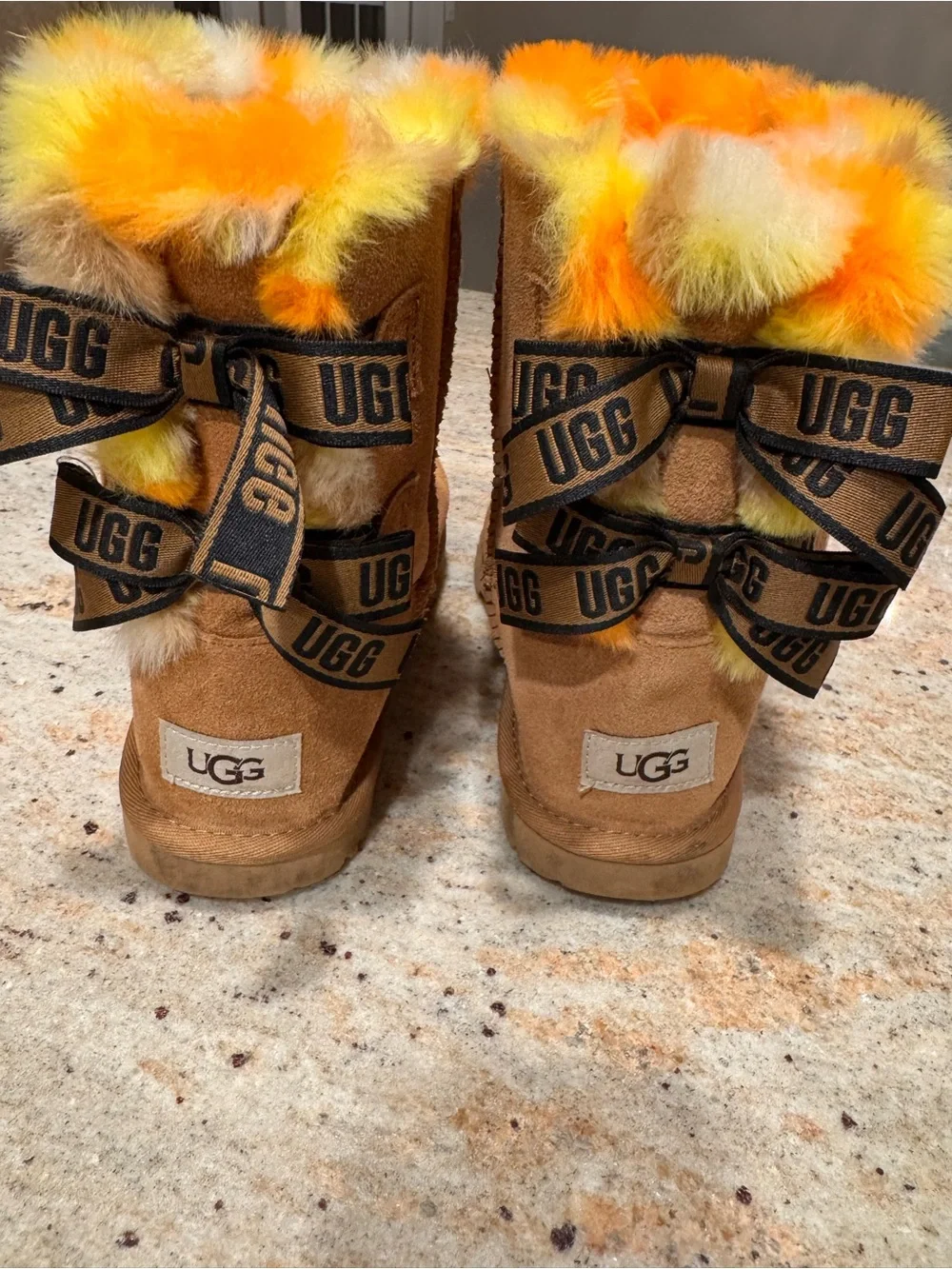 UGG size 4  Suede Winter Boots with Orange & Yellow Faux Fur Trim